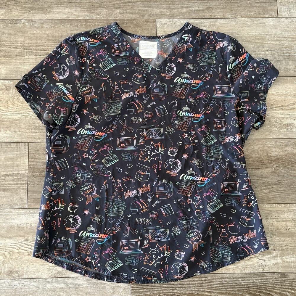 Cherokee Scrubs School Nurse Gray V Neck‎ Top Size XL School Supplies Print